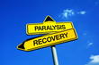 Paralysis or Recovery - Traffic sign with two options - be paralysed and disabled vs rehabilitation of body after traumatic injury and damage of nervous system. Diagnosis and prognosis