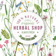 © Marina Gorskaya - Herbal shop round emblem with herbs and flowers