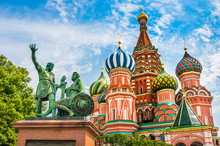 St. Basil's Cathedral And Monument To Minin And Pozharsky On Red Square In Moscow, Russia