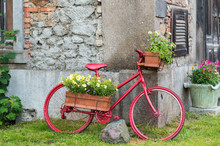 Decorative Bicycle Equipped Basket Flowers Garden, Red Bicycle,