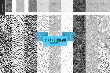 Handdrawn black and white patterns set. Fur or leaves seamless black and white patterns