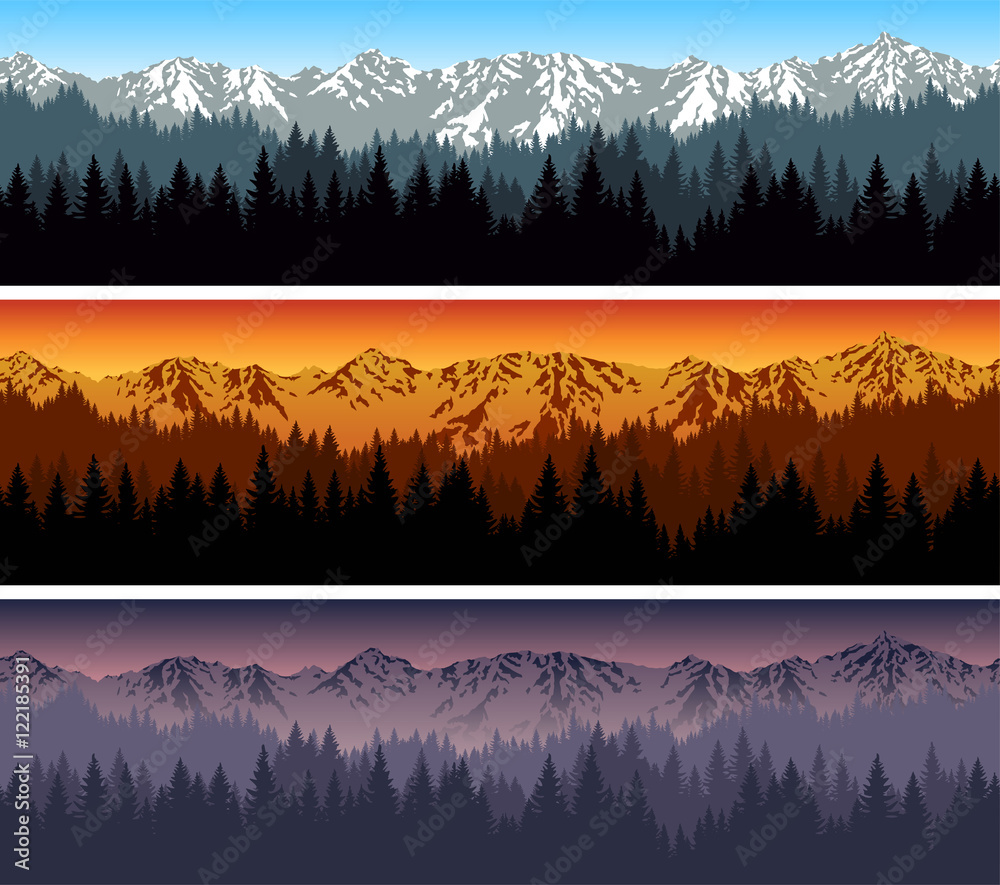 set of vector mountains forest background texture seamless pattern ...