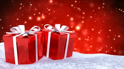 Wall Mural - Christmas gifts in snow on red bokeh background. Seamless loop. 3D render.