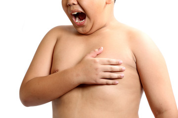 Boy holding a heart with pain.isolated