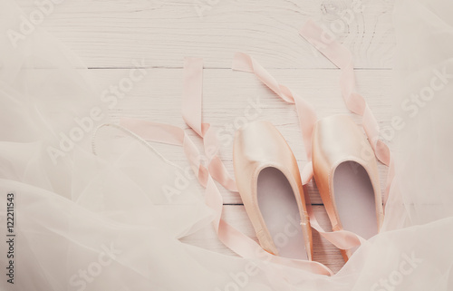 Fotografie, Obraz Pink ballet pointe shoes and tutu on white wood background