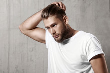 Handsome Bearded Man In A Blank White T-shirt With Stylish Hair