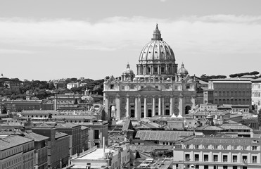 Black and white image of St Peter's basilica in Vatican, Rome