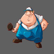 Colorful vector illustration of a cartoon fat plumber, with blue working clothes, hat and holding a plunger.
