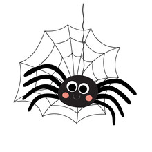 Black Spider With Spider Web Animal Cartoon Character. Isolated On White Background. Vector Illustration.