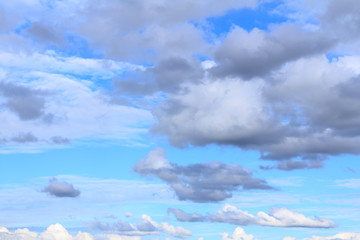 Blue sky background with white clouds and rain clouds. The vast blue sky and clouds sky on sunny day. White fluffy clouds in the blue sky.