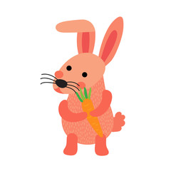 Wall Mural - Pink Rabbit holding carrot animal cartoon character. Isolated on white background. Vector illustration.