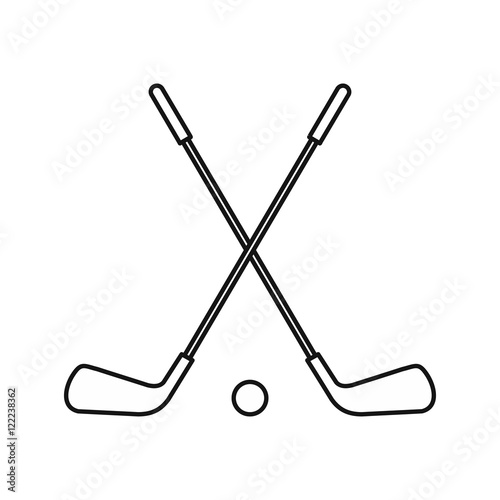 Two crossed golf clubs and ball icon in outline style on a white