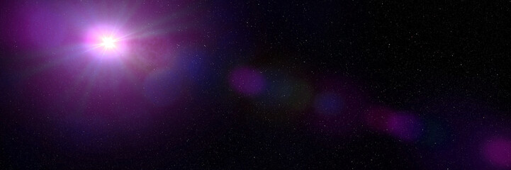 beautiful purple sun shines in a dark starry sky (banner format 3x1)