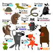 Set of cartoon wild animals with captions
