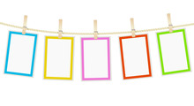 Photo Frames Hanging On A Rope With Clothespins. Vector