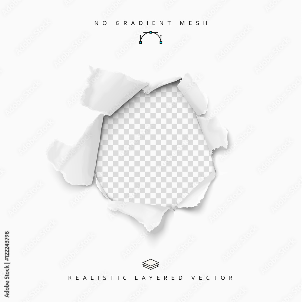 Torn paper realistic, hole in the sheet of paper on a transparent background. No gradient mesh. Vector illustrations. - obrazy, fototapety, plakaty 