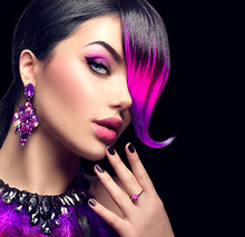 Sexy Beauty Fashion Woman With Purple Dyed Fringe Hairstyle Isolated On Black Background