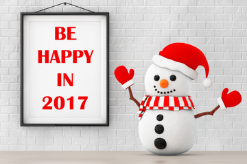 Aufkleber - Snowman in front of Brick Wall with Frame Be Happy In 2017 Sign.