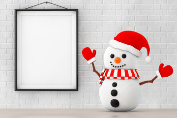 Aufkleber - Snowman with Santa Hat and Gloves in front of Brick Wall with Bl
