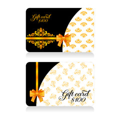 Gift cards with golden decor pattern and bow