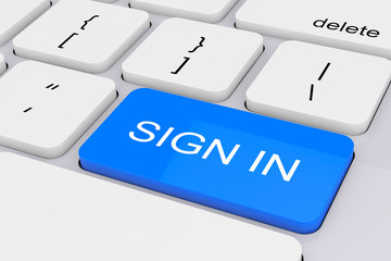 Poster - Blue Sign In Key on White PC Keyboard. 3d Rendering