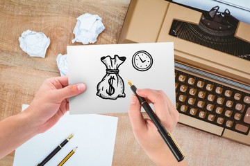 Poster - hand drawing money bag and clock with typewriter background