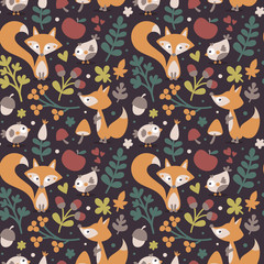 Wall Mural - Seamless cute autumn pattern made with fox, bird, flower, plant, leaf, berry, heart, friend, floral, nature, acorn, Rowan, mushroom