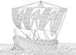 Stylized ancient greek galley (warship) with mast, sail, oars and warriors with spears and shields. Freehand sketch for adult anti stress coloring book page with doodle and zentangle elements.