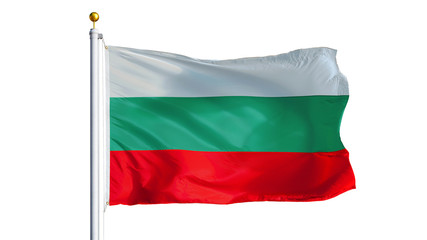 Bulgaria flag waving on white background, close up, isolated with clipping path mask alpha channel transparency