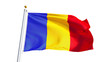 Romania flag waving on white background, close up, isolated with clipping path mask alpha channel transparency