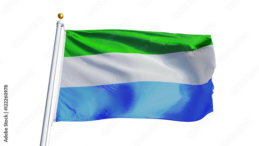 Sierra Leone flag waving on white background, close up, isolated with ...