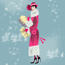 Winter. Woman Shopping. Retro Style. Art Deco.