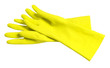 Pair of yellow rubber washing cleaning gloves isolated on white background