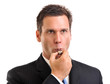 © Eric Hood - Stern expression businessman blowing sports referee style whistle isolated on white background for use alone or as a design element