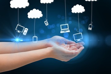 Poster - Hands presenting technology icons hang in the clouds