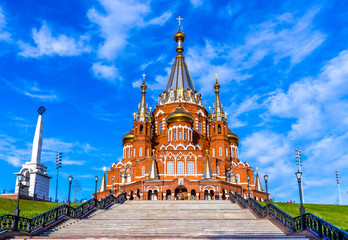 Wall Mural - Orthodox St. Michael cathedral in Izhevsk, Russia. View from the stairs