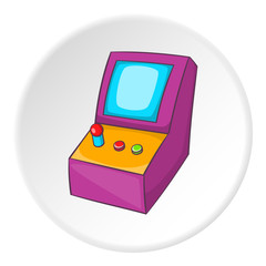 Aufkleber - Slot machine icon in cartoon style on white circle background. Play symbol vector illustration