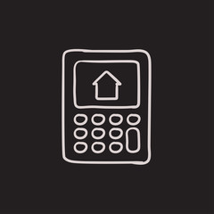 Sticker - Calculator with house on display sketch icon.