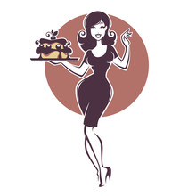 Beauty Retro Pinup Girl Holding A Delicious Tasty Cake