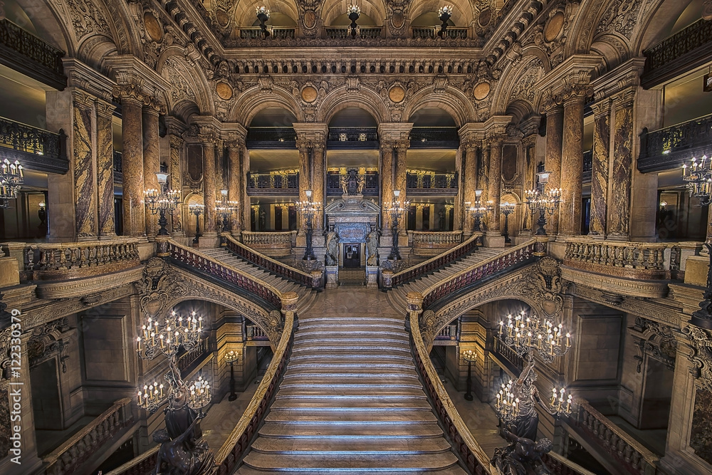 Stairway inside the Opera house Palais Garnier - obrazy, fototapety, plakaty 