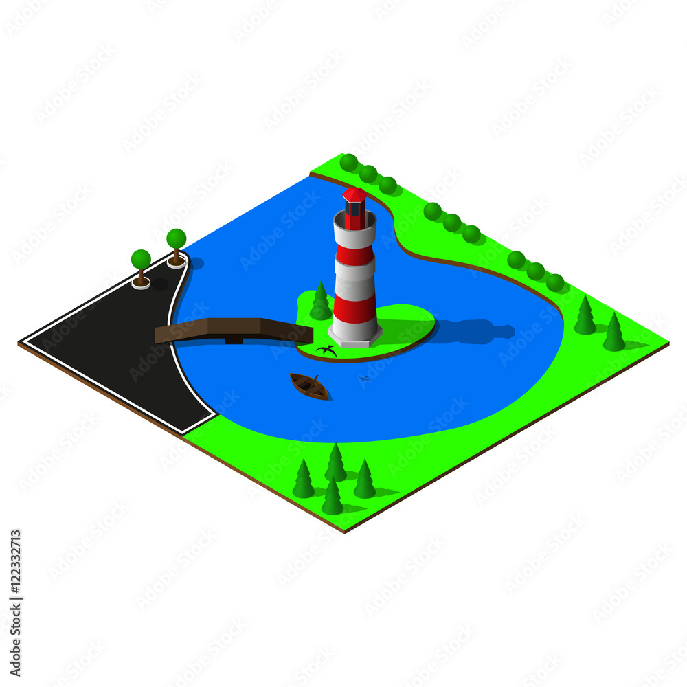 Isometric lighthouse on the 3d map. Map includes river, lake ...