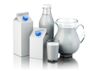 Wall Mural - Milk. Glass jug, glass, bottle and carton packs with milk isolat