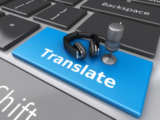 Poster - 3d Word translate with mic and headphones on computer keyboard.