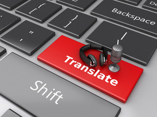 Poster - 3d Word translate with mic and headphones on computer keyboard.