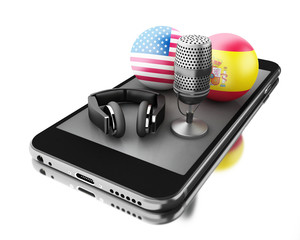 Poster - 3d Smartphone with a mic and headphones. Translate concept.
