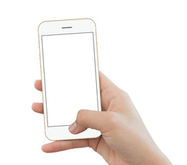 Poster - closeup hand use phone gold color isolated on white background,