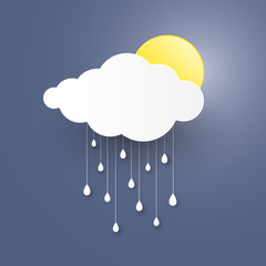 Cloud in the Blue sky with rain paper art stlye. vector illustra