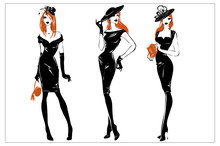 Fashion Black And White Women Silhouette Set, Redhead Models, Vector Illustration