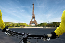 Point Of View Handle Of Bicycle Near Eiffel Tower In Paris, France