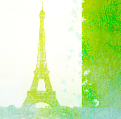 paris vintage postcard - paper silhouette of eiffel tower - text space